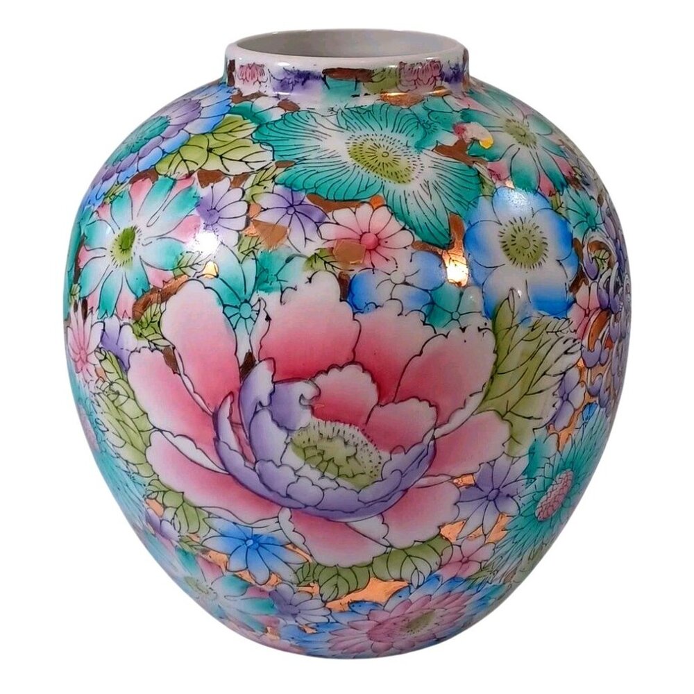 Fine Chinese Porcelain Thousand Flowers Gold Leaf Large Ovoid Ginger Jar Vase 9" - Picture 3 of 7